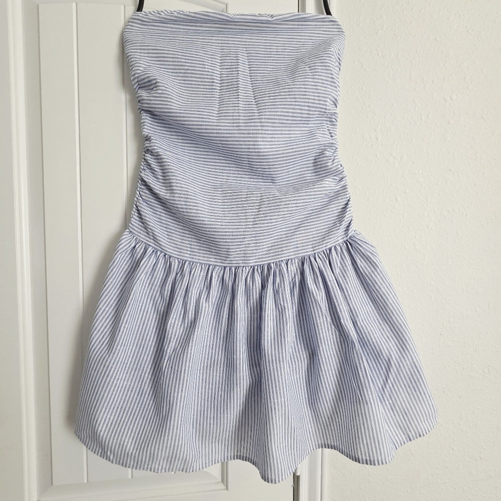 Womens Striped Strapless Fit & Flare Tube Top Ruffle Mini Dress Size Small
